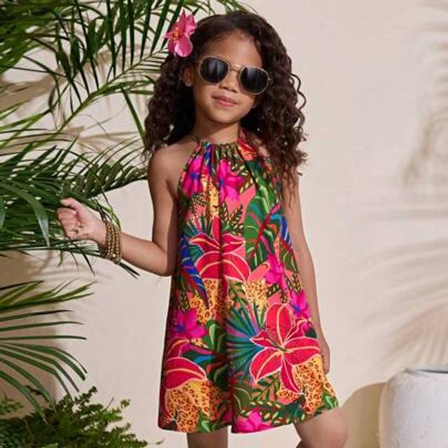 SHEIN Young Girl Vacation Casual Fashionable Woven Tropical Flower Print Halter Neck Dress