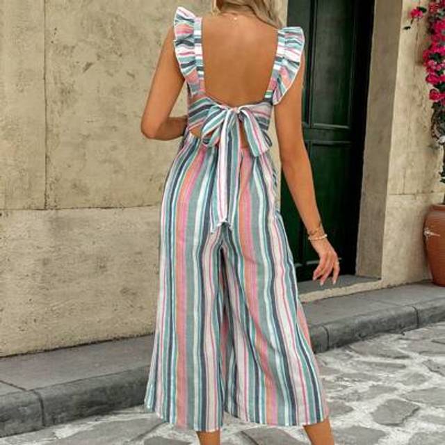 SHEIN Pregnant Women&#39;s Backless Jumpsuit, Fashionable Summer Item  Ruffle  Vacation Summer Jumpsuit Woman    Women&#39;s Jumpsuit  Maternity Jumpsuit