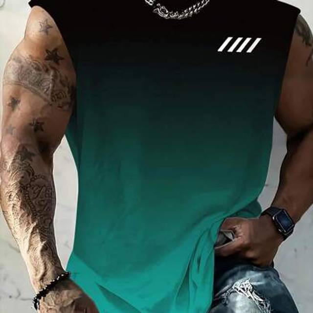 SHEIN Plus Size Men&#39;s Geometric Gradient Printing Casual Sleeveless Shirt, Suitable For Outings And Street Wear