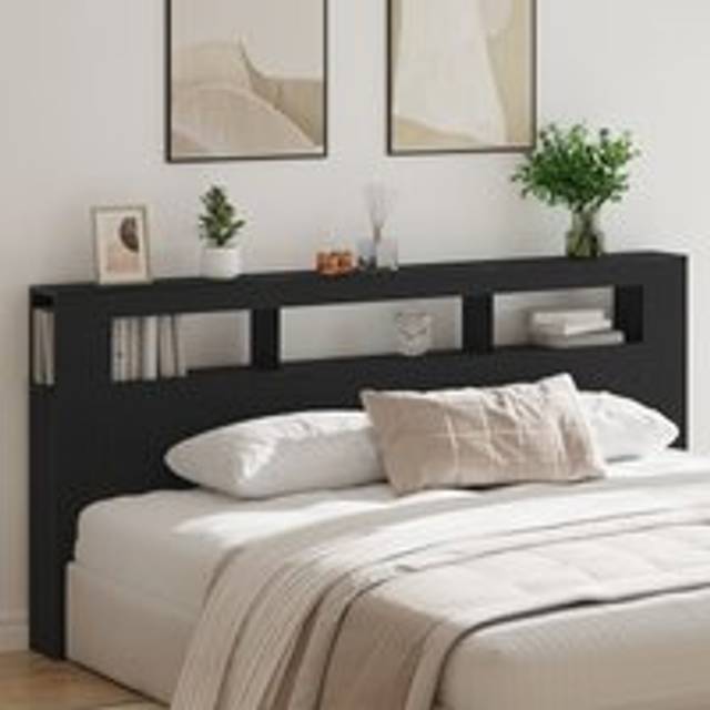 Storage Headboard with LED Lights Black Oak 220x18,5x103,5 cm - One Size