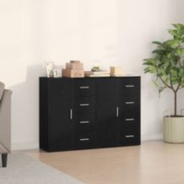 Sideboard Set of 2 Black Oak Wood, Metal Handles Medium - One Size