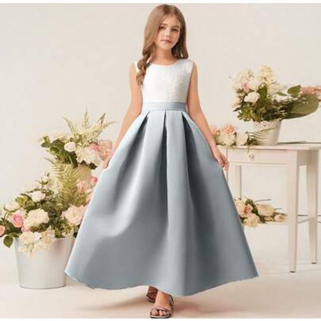 SHEIN Girls&#39; Satin A-Line Princess Dress, Sleeveless Round Neck, Elegant Dress For Wedding Events, Birthday Party, Holiday, Flower Girl & Bridesmaid