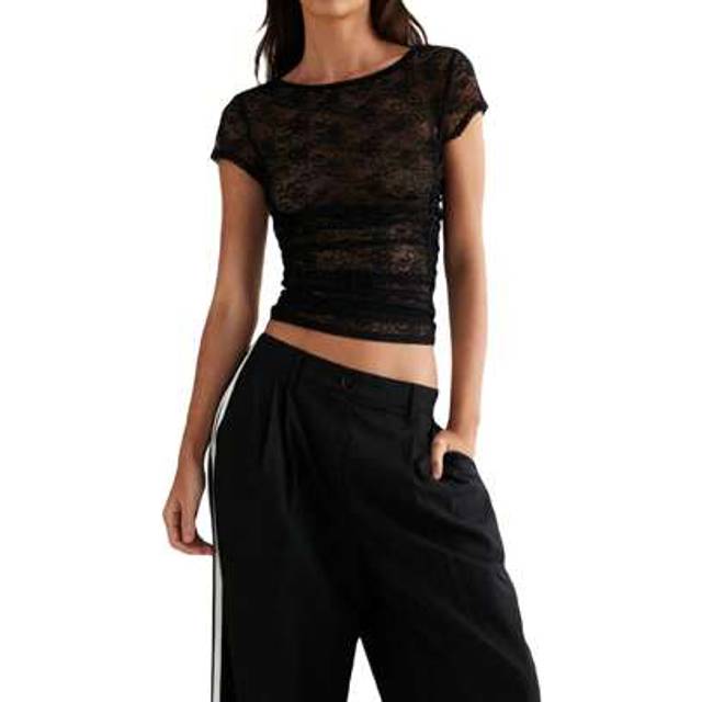 SHEIN Women Lace T-Shirt, Crew Neck Short Sleeve See-Through Summer Tops For Club Party