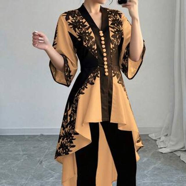 Symmetrisk blommönster svart & beige kortärmad blus med åtsittande midja och volangkant, elegant blus i fransk stil, blommönster i spets, lapptäcke oc - Gul (L,M,S,XL)