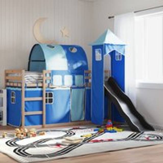 Bunk Bed without Mattress with Slide and Curtains Blue 90x200 cm - One Size