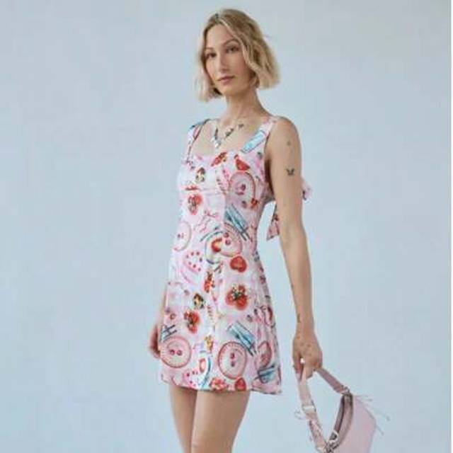 SHEIN Women Y2K Lolita Cute Girl Cake Cherry Fruit Print Sleeveless Off Shoulder Square Neck Backless Bowknot Hem Short Dress