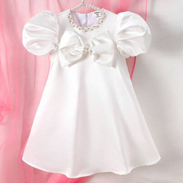 SHEIN Young Girl Formal Dress - Elegant 3D Bow Pearl Trim Puff Sleeve A-Line Princess Dress, Suitable For Party, Birthday, Events