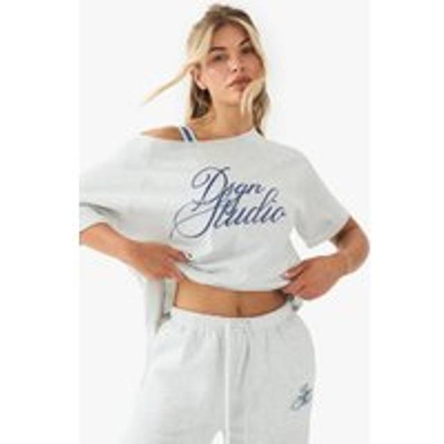 Womens Dsgn Studio Script Embroidered Off The Shoulder T-Shirt - Grey - Xl, Grey