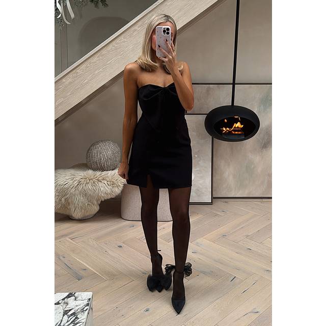 In The Style Black Bandeau Bow Front Split Hem Mini Dress - 6
