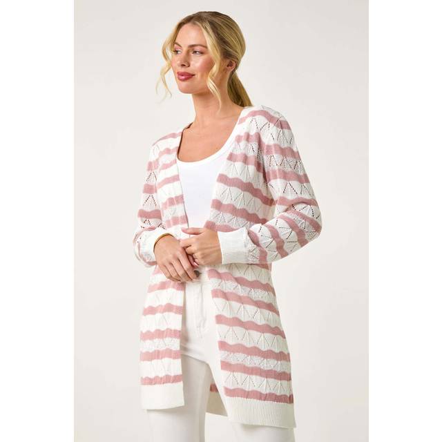 Roman Petite Light Pink Stripe Pointelle Knit Cardigan - Size 18