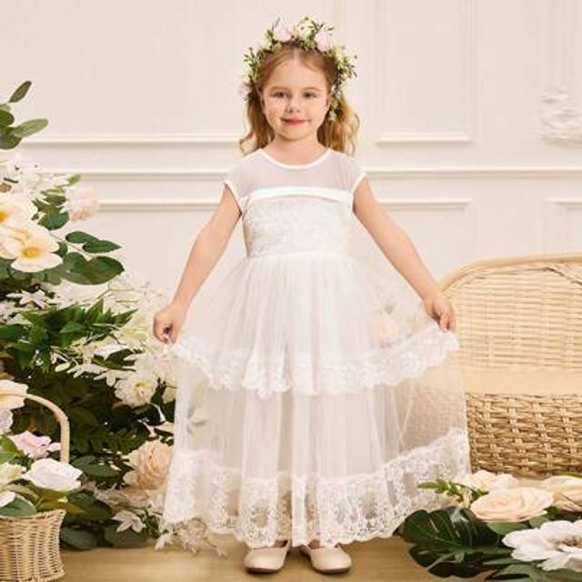 SHEIN Wedding/ Wedding Guest/ Pageboy/ Flower Girl Elegant Applique Dress, Princess Style White Tulle Lace High-End Satin Fabric Puffy Dress, Suitable For F