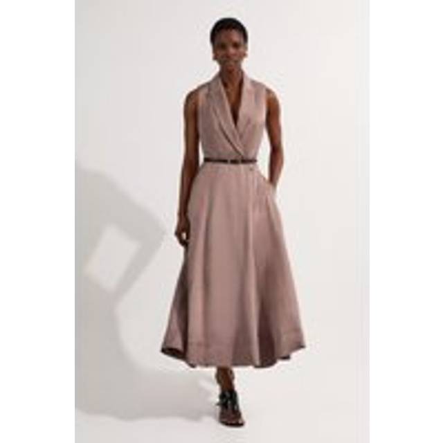 Premium Viscose Linen Tailored Full Skirt Midi Dress - Taupe