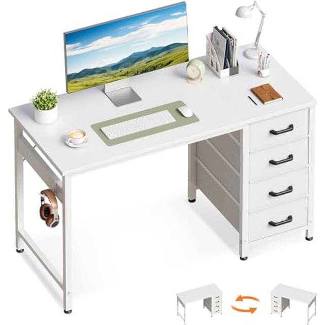 ODK litet skrivbord med 4 lådor, 100 x 48 x 75,7 cm datorbord vändbart kontorsbord med hörlurshållare, PC-bord trä för hemmakontor, vit