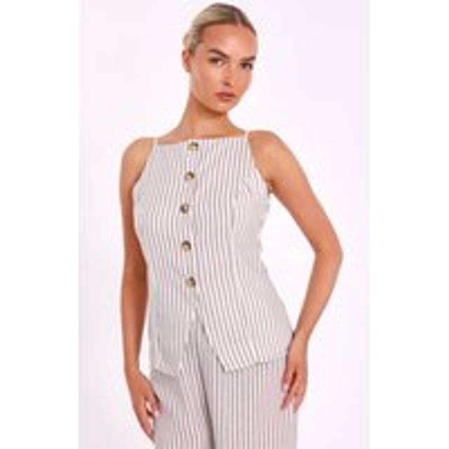 Womens Stone Striped Boat Neck Waistcoat - Beige - 10