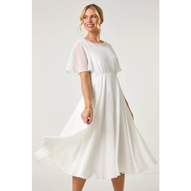 Roman Petite Ivory Trim Neck Short Sleeve Dress - Size 10