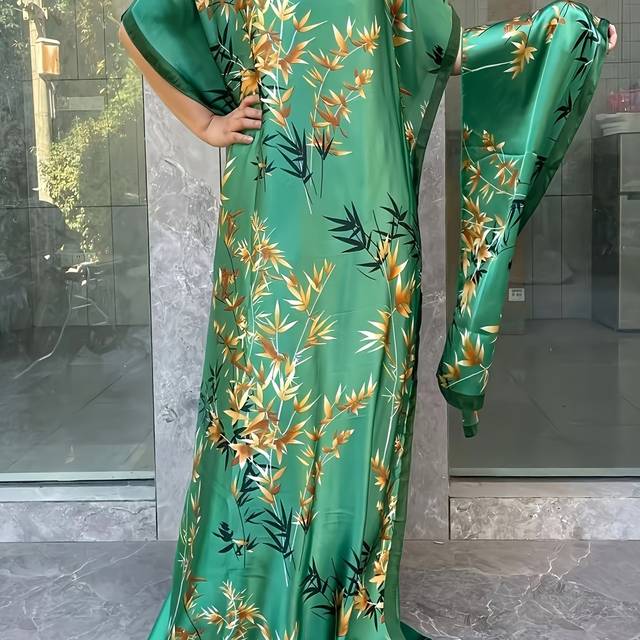 TEMU Women's Plus Size Green Floral Print Tunic Dress With Scarf, Polyester 100%, Crew Neck, Batwing Sleeve, Loose Fit, Long Length, Non-stretch, Party Wear