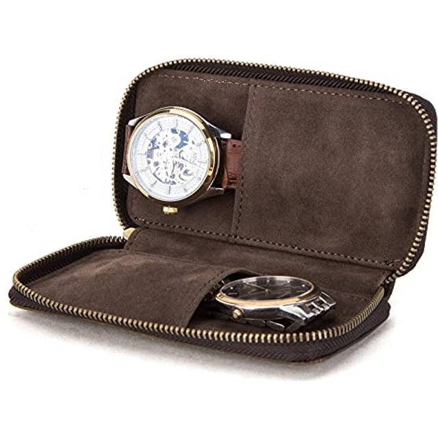 Kontakter äkta läder resa klocka fodral organiserare smycken 2 platser klocka påse multifunktionell bärbar skyddande ärm låda vintage (kaffe-CF1114)