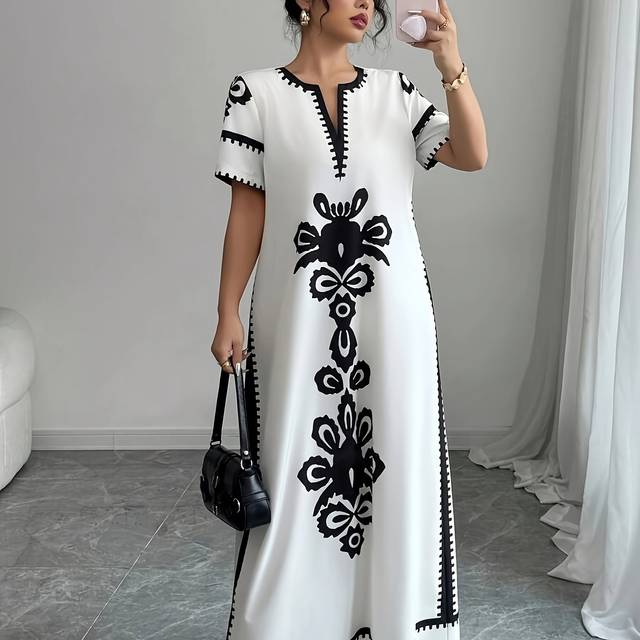 TEMU Elegant Paisley Print Midi Dress With Contrast Trim - Short Sleeve, Round Neck, Vibrant Orange & For Spring/summer, Festive Gatherings, Casual | Elegant Midi Dress | Polyester Fabric