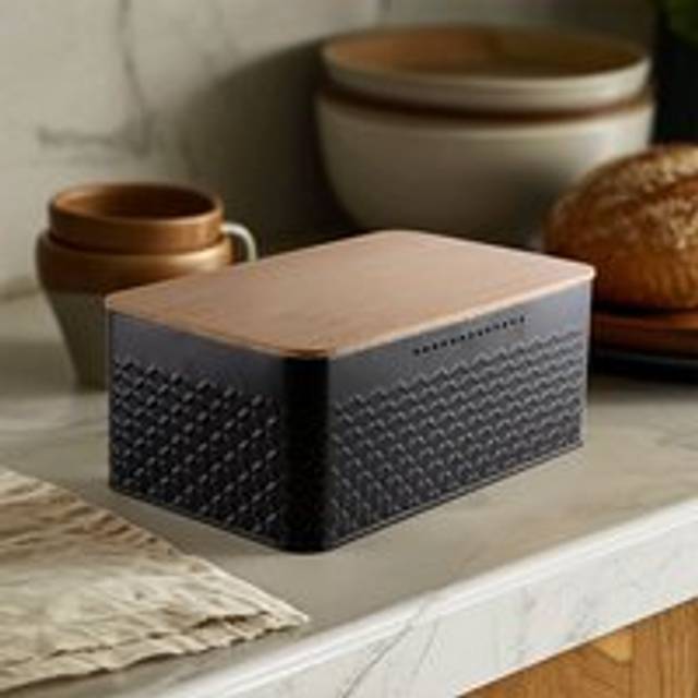 Living And Home Countertop Metal Bread Box Container Bread Bin With Bamboo Lid In Black - One Size