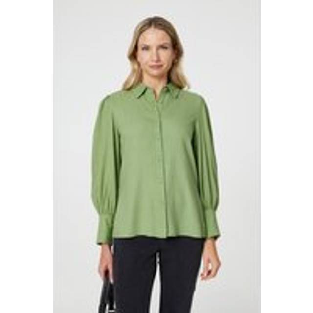 Izabel London Plain Puff Sleeve Button-Up Shirt In Green - 12