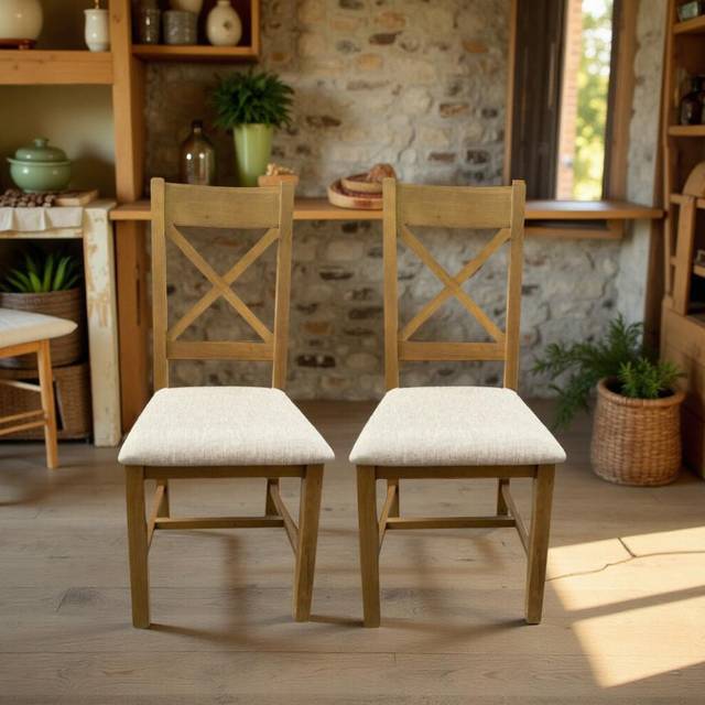 (Cross Back) High Back Dining Chair Beige Wool Seat Solid Oak Legs
