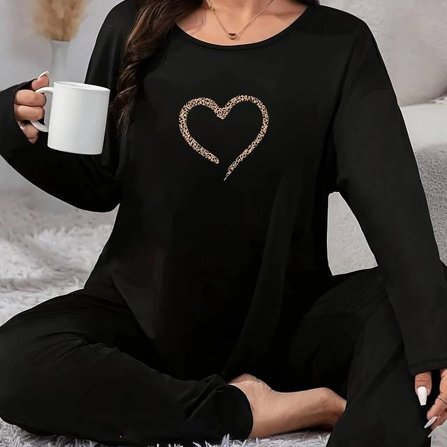 TEMU Plus Size Casual Pajama Set, Women's Leopard Heart Print Long Sleeve Top & Joggers Lounge 2 Piece Set For Fall & Winter