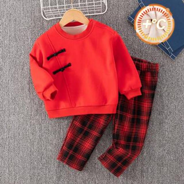 SHEIN Unisex Baby Boys/Girls Chinese New Year Stylish Contrast Color Buttons Shirt & Red/Black Plaid Pants Set, Suitable For Autumn/Winter Season Family Gat