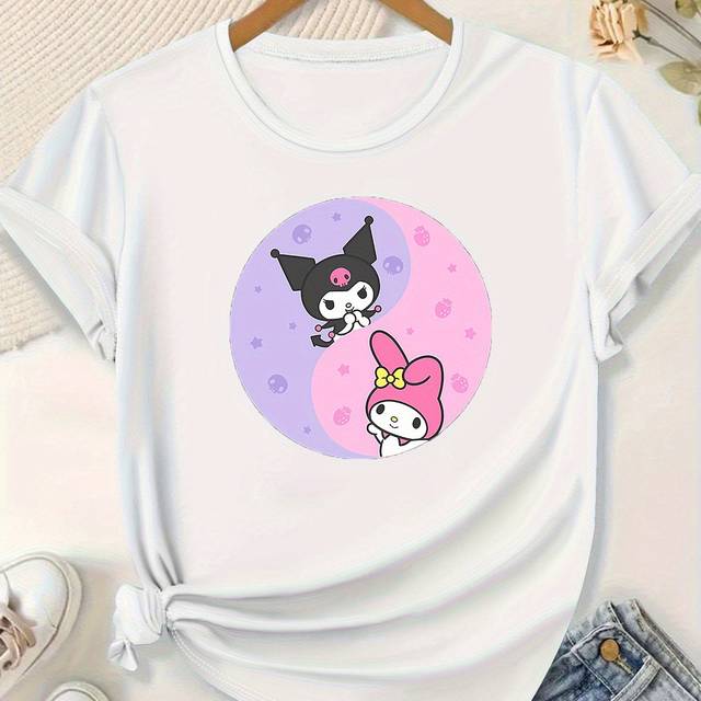 TEMU Women's My Melody & Kuromi Graphic T-shirt - Soft Stretchy Round Neck Short Sleeve Top, Machine Washable Casual Tee For All , Apparel, Cartoon Print,