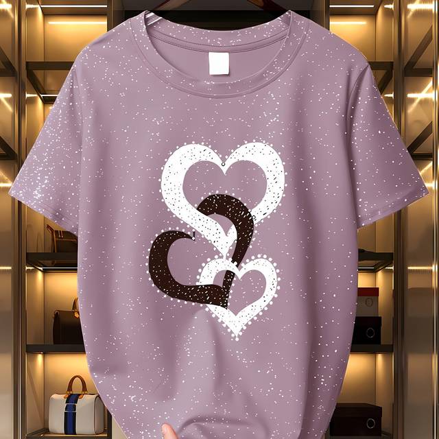 TEMU Women's Sparkly Sequin Heart T-shirt - Casual Crewneck, Short Sleeve, Light Blue With Black & White , Non-stretch Fabric,