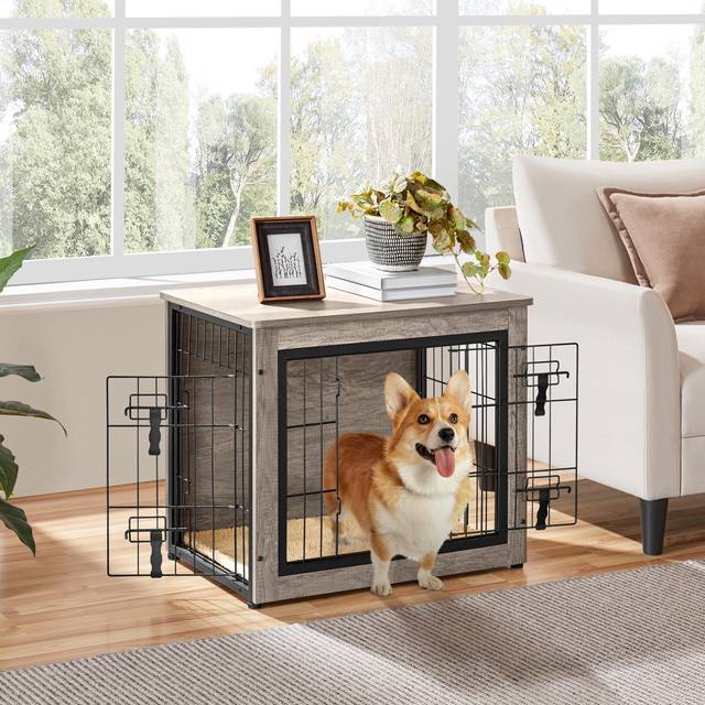 TEMU Yaheetech Rustic Industrial Dog Crate Multi-functional Dog Kennel Furniture Wooden Dog Cage W/ /adjustable Feet/double Door, Gray
