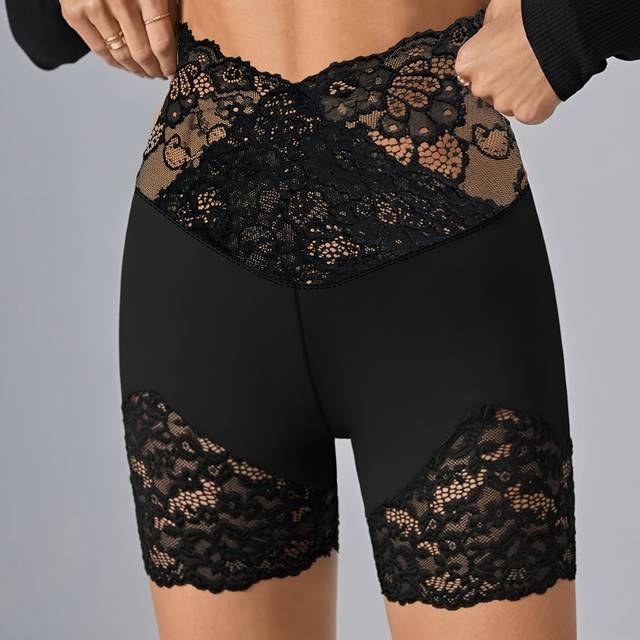 TEMU Women's High-waisted Lace Trim Shorts - Stretchy Fit, Machine Washable, Solid Color Black For Casual, Commute & Lounge Wear - Spring/summer/fall, Commute Wear | Detail |