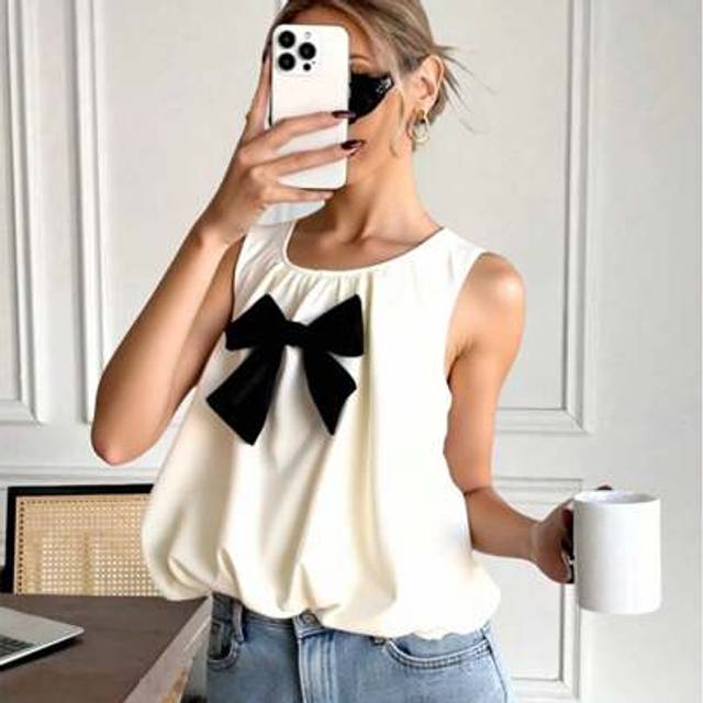SHEIN Women&#39;s Simple A-Line Blouse With Bow Decor, Sleeveless Ruffle Top, Casual & Comfortable