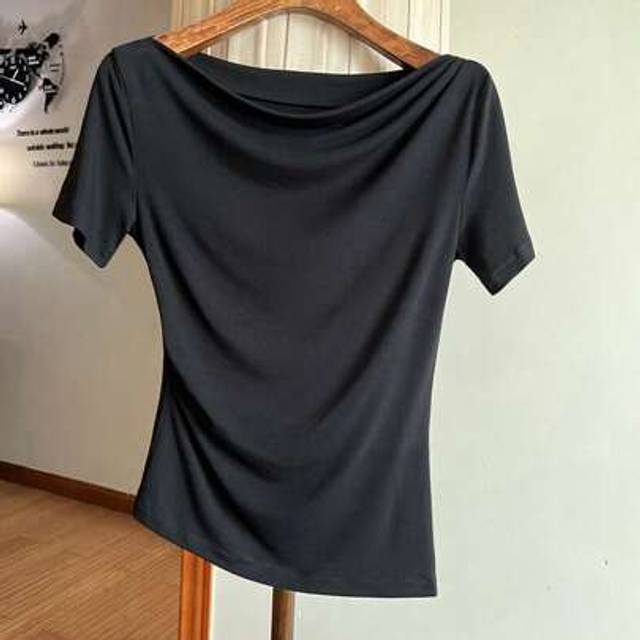 Franclia Women&#39;s Elegant Black Ruched Draped Neck Short Sleeve T-Shirt
