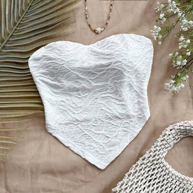 Soleia Women Holiday Texture Strapless Top,Ladies Casual Asymmetrical,Grommet Eyelet,Zipper Strapless Slim Fit White Plain Women Tops,Spring/Summer,Casual Da