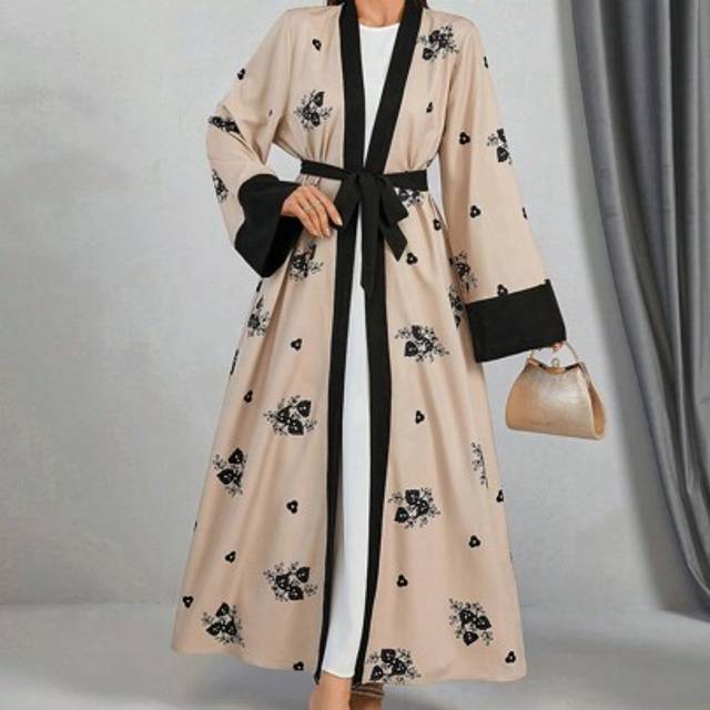 SHEIN Women&#39;s Elegant Floral Print Colorblock Belted Abaya, Vacation Long Boho Modest Robe