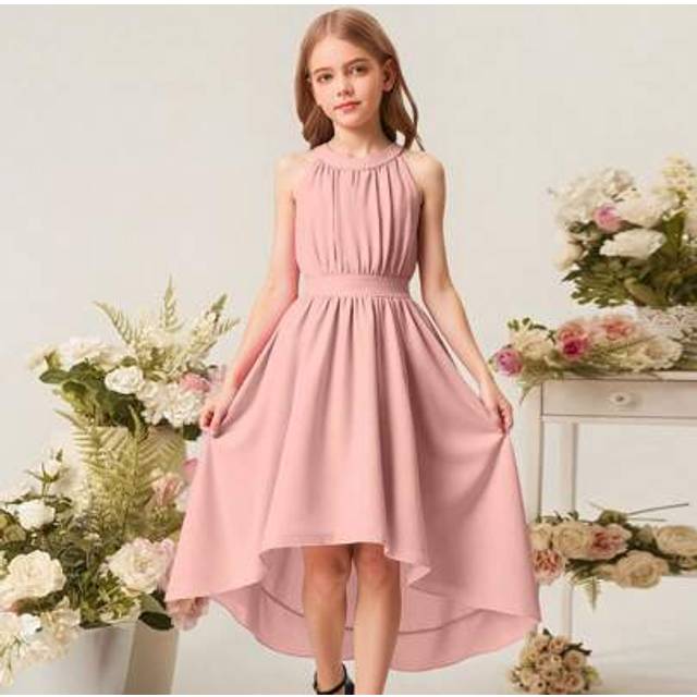 SHEIN Tween Girls&#39; Crew Neck Crinkle Sleeveless Chiffon Ruched Cinching Waist A-Line Dress, & Elegant For Weddings, Flower Girl, Bridesmaid, Holiday