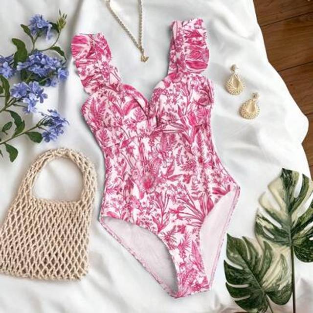 SHEIN Teen Girls Pink & Blue Floral Print Cap Sleeve V-Neck Twist Front One-Piece Swimsuit, For Beach Vacation, Elegant Boho/Vintage Style, Suitable For Spr