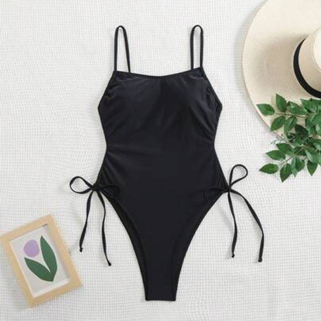 SHEIN New Fashionable Sexy Black Solid Color Adjustable Strap Drawstring Tie Side One Piece Swimsuit For Women