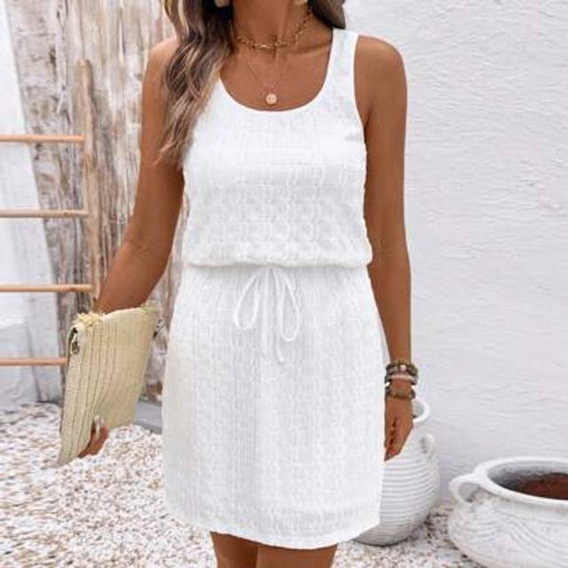 SHEIN Square Neck, Drawstring Waist Jacquard Texture Fabric Casual Resort Elegant Short Dress For Women