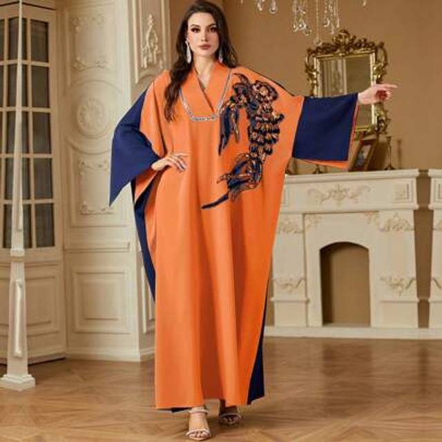 SHEIN Women&#39;s Loose Fit V-Neck Colorblock Sequin Splice Patch Long Sleeve Dress, Spring/Summer, Modest Kaftan