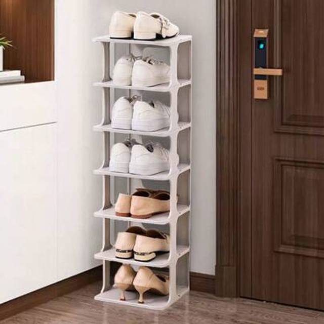 SHEIN Narrow Shoe Rack, 7 Tiers Vertical Shoe Rack Stackable, Tall Shoe Shelf Organizer Space Saving For Entryway, Plastic Shoe Stand Storage For Wardrobes,