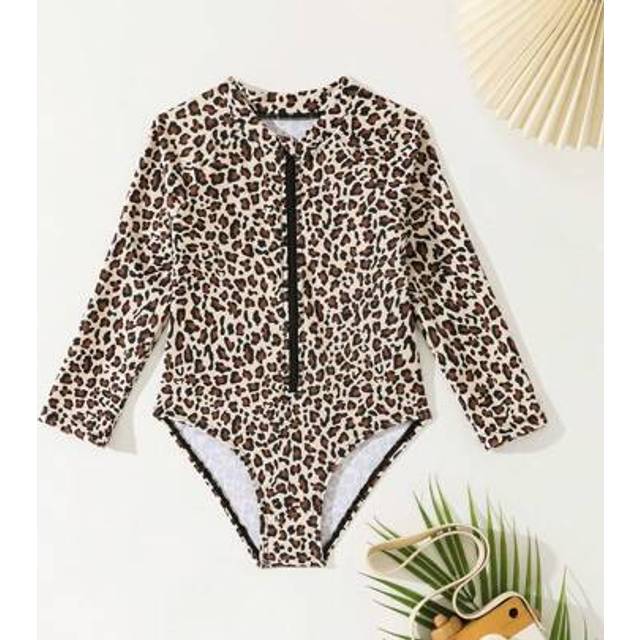 SHEIN Leopard Print Long Sleeve Zip Front One-Piece Swimsuit For Young Girl, Casual
