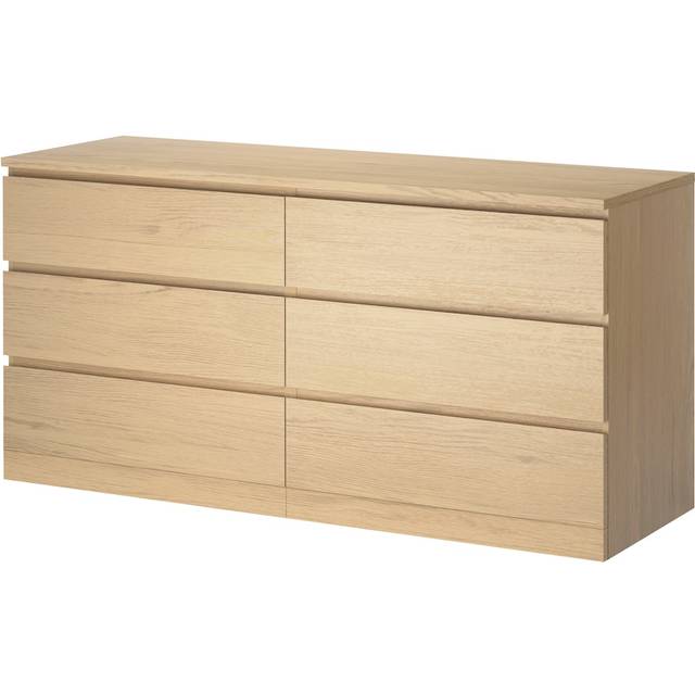 MALM Byrå med 6 lådor, vitlaserad ekfaner, 160x78 cm
