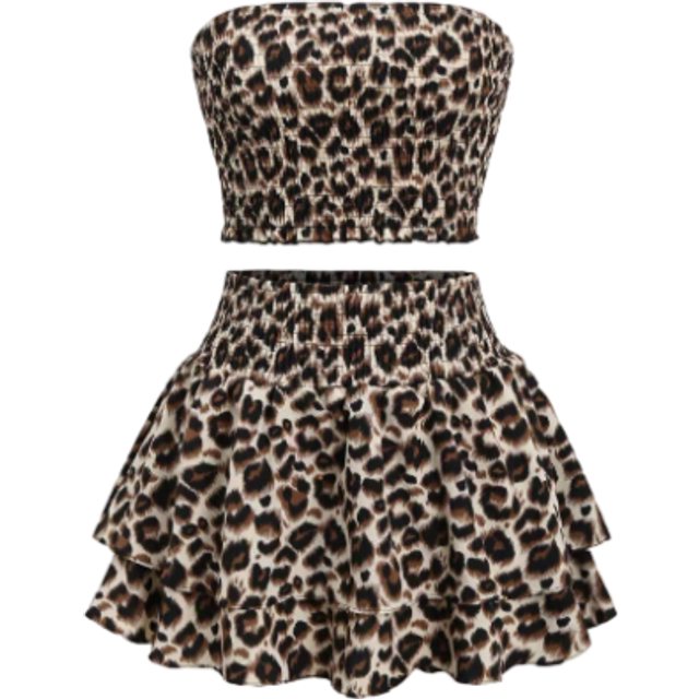 Sweetra Leopard Print Embroidered Tube Top And Layered Skirt Woven Two-Piece Set Y2K OutfitÂ
