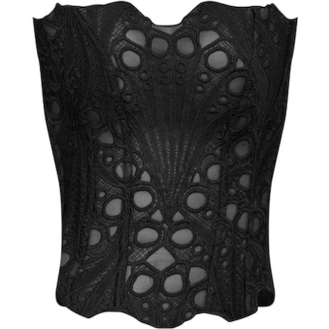 Black Textured Sheer Floral Lace Corset, Black - 8
