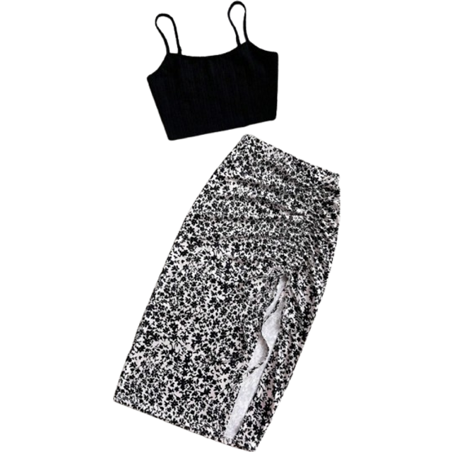 Soleia 2pcs Set: Solid Color Spaghetti Strap Top And Ditsy Floral Slit Hem Skirt, Casual Holiday