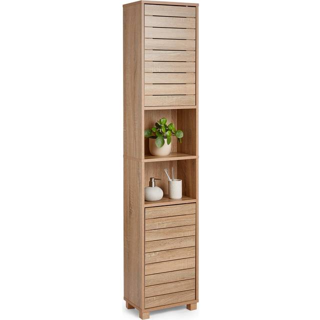 VonHaus Tall Bathroom Cabinet – Oak Wood Effect Bathroom Tallboy w/Slatted Design - Tall Bathroom Storage w/ 2 Handleless Cupboard Doors, 5 Internal