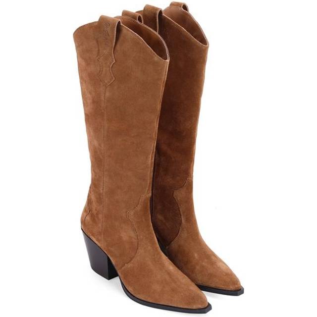 'Texas' Block Heel Western Knee Suede Leather Boots - Tan - 4