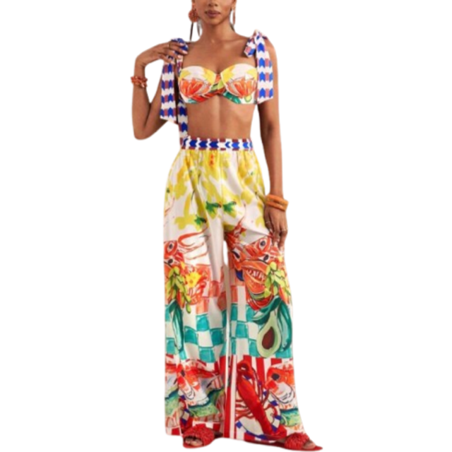 Zivah Beach New Spring And Summer Casual Holiday Bowknot Shoulder Straps Chest-Wrapped Heart Collar Cropped Top + Wide-Leg Super Trousers Full Of Underwater