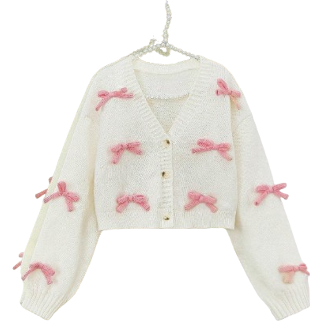 SHEIN Tween Girl Fashionable Casual Cute Comfy Soft Simple Warm Versatile Elegant 3D Bow Long Sleeve Cropped Cardigan Sweater, Suitable For Home, Everyday,